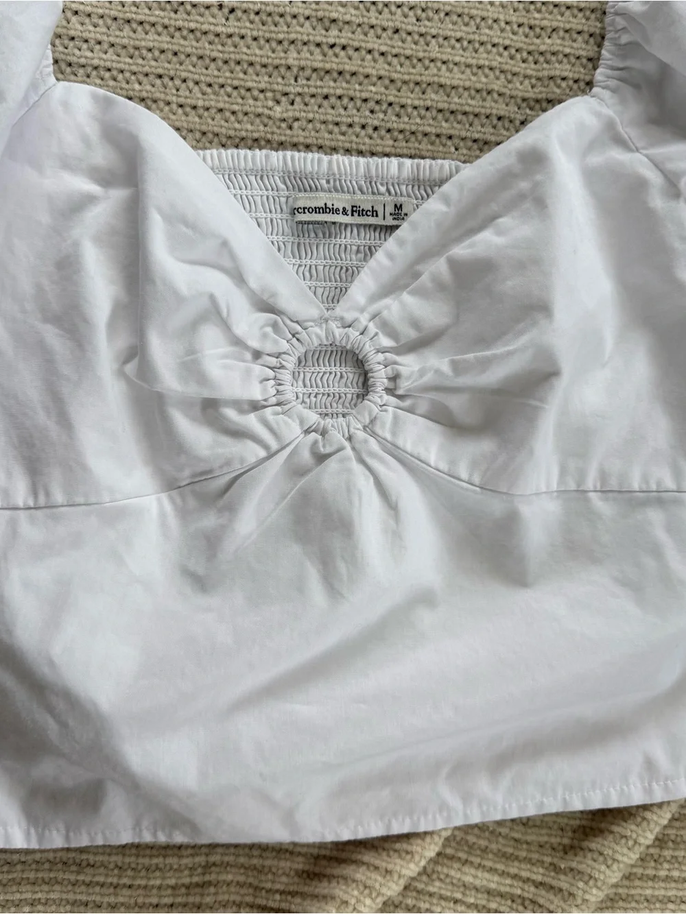 Abercrombie & Fitch White Poplin Puff Sleeve O Ring Ruched Cutout Crop Top M